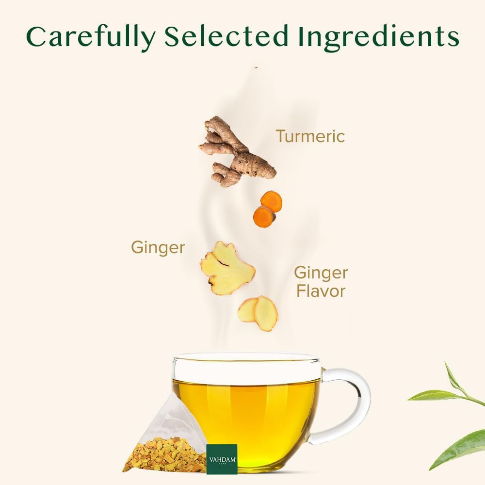 VAHDAM - Turmeric + Ginger Herbal Tea Blend (15 Pyramid Tea Bags)
