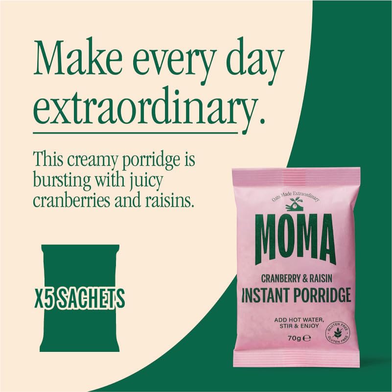 MOMA Porridge Sachets Cranberry & Raisin - Box of 5 x 70g - Gluten Free, High Fibre, Source of Protein