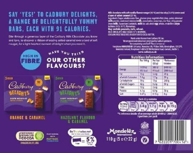 Cadbury Delights Soft Nougat Salted Caramel Bars - Pack of 5 (22g Each)