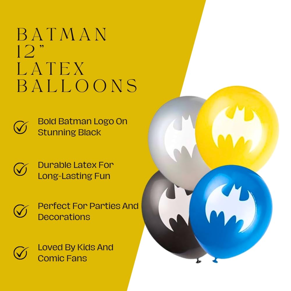Batman Latex Balloons (30cm) - Pack of 8, Black and Yellow Party Decorations