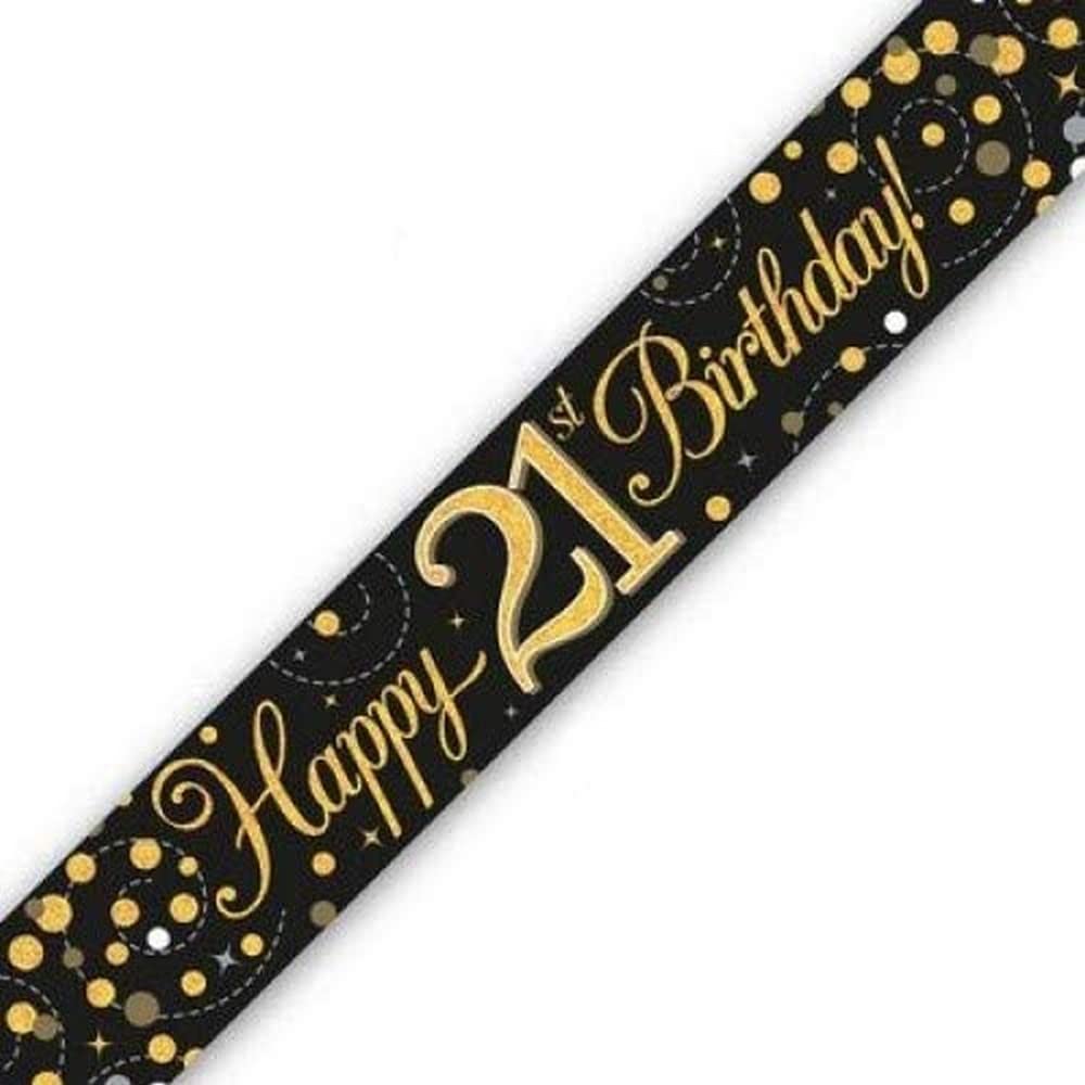 OakTree Sparkling Fizz 21st Birthday Banner - Black & Gold Holographic | 2.7m Length | Vinyl