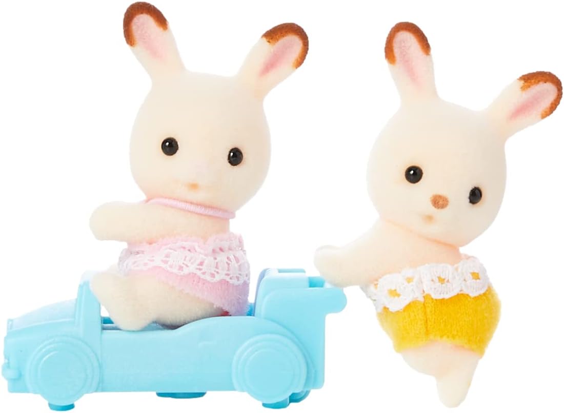 Sylvanian Families Chocolate Rabbit Twins Set - 3-Piece Playset with Posable Figures & Ride-On Toy 1