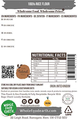 Wholefood Earth 100% Rice Flour - GMO Free, Vegan Baking Ingredient | 500g