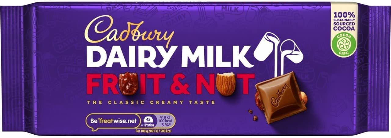 Cadbury Dairy Milk Fruit &amp; Nut Bar, Milchschokolade mit Rosinen und Mandeln, 180 g