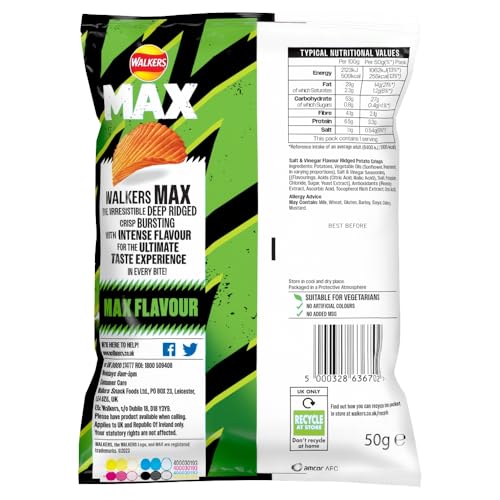 Walkers Max Salt & Malt Vinegar Crisps 50g (Pack of 24) 6