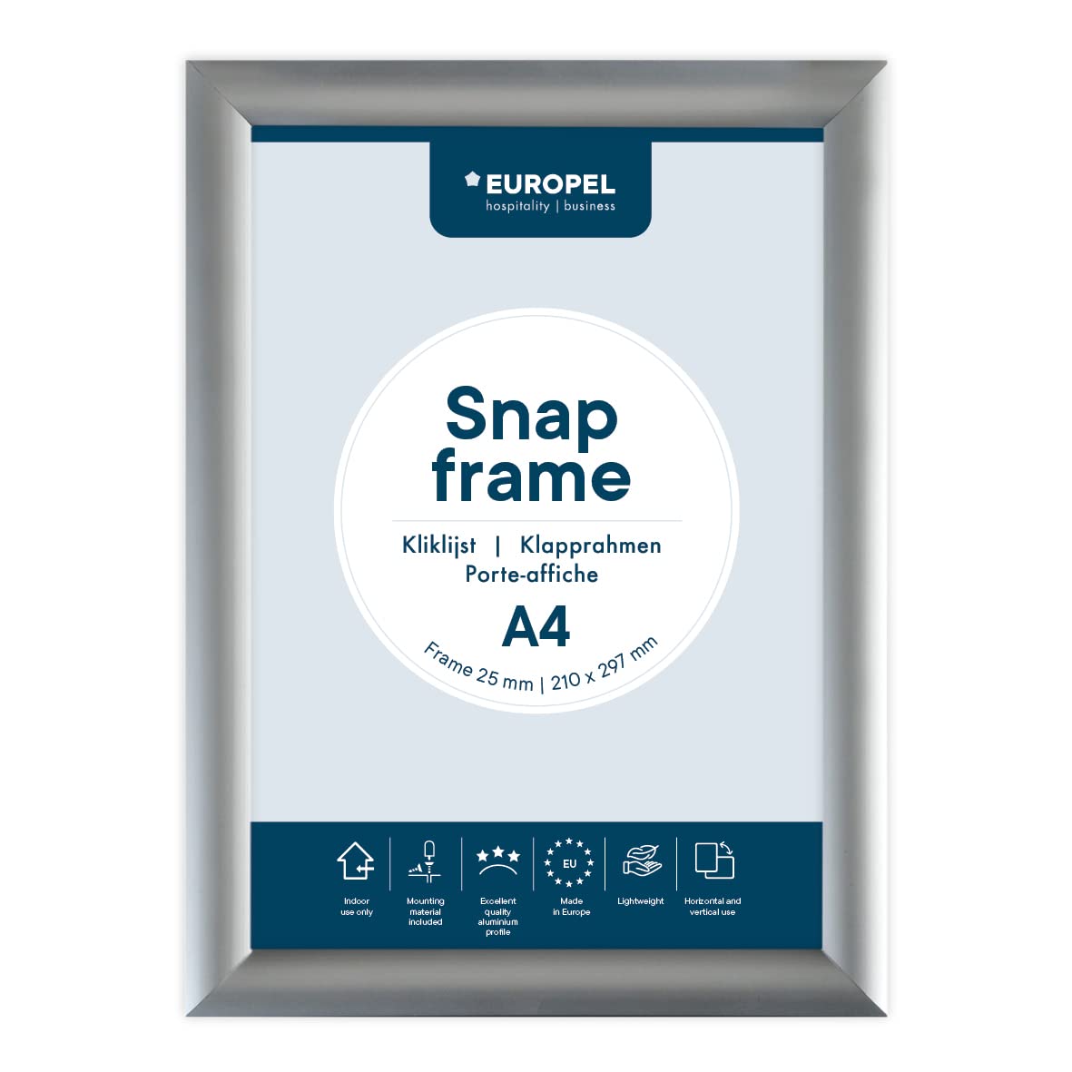 Europel A4 Silver Snap Frame - Anodised Aluminium, Mitred Corners, Anti-Glare Cover