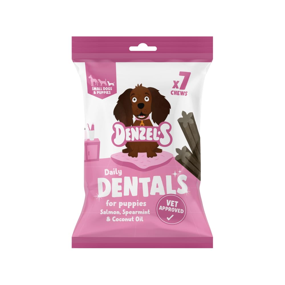 Denzel's Puppy Dental Sticks - Salmon & Spearmint Flavor | 7 Sticks | Small Dog & Puppy Oral Care