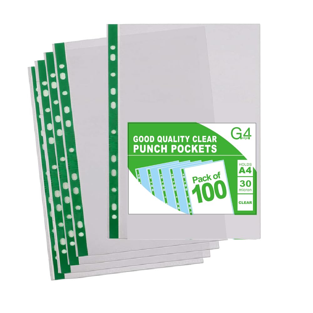 G4GADGET A4 Plastic Punched Pockets Value Pack - 100 Count, 30 Micron, 10-15 Sheet Capacity