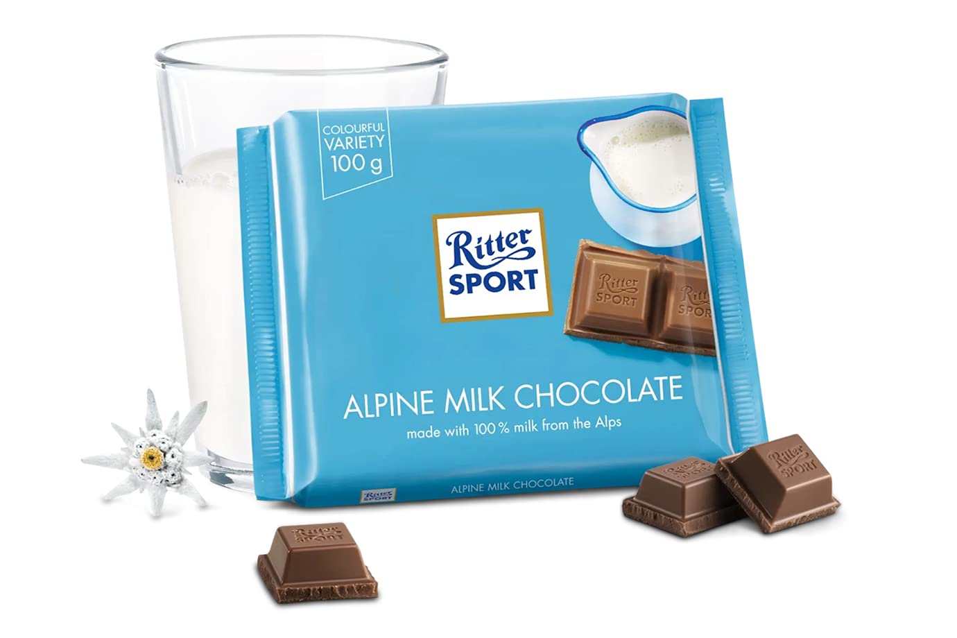 Ritter Sport - Alpine Milk Chocolate Blocks & Bars (Pack of 12, 100g Each)