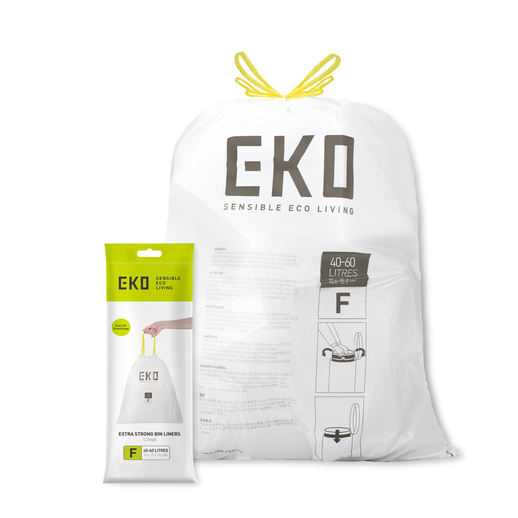 EKO Extra Strong Drawstring Bin Liners for 40-60L Kitchen Bins - 12 Pack White Trash Bags