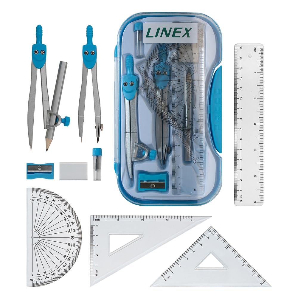 Linex 10-Piece Maths Geometry Set - Complete Exam Kit with Transparent Case, Blue 1