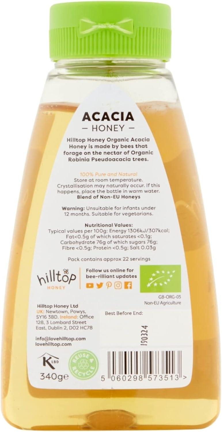 Hilltop Honey - Organic Acacia Honey - Squeezy Bottle - 340g