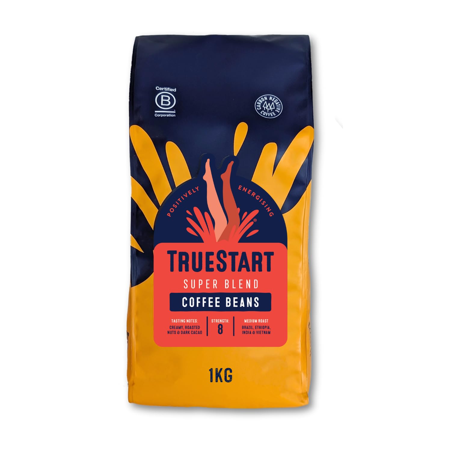 TrueStart Kaffeebohnen Super Blend Strong 1 kg – Mykotoxinfreier, mittelstark gerösteter Arabica, Noten von gerösteten Nüssen und dunklem Kakao, ideal für Espresso