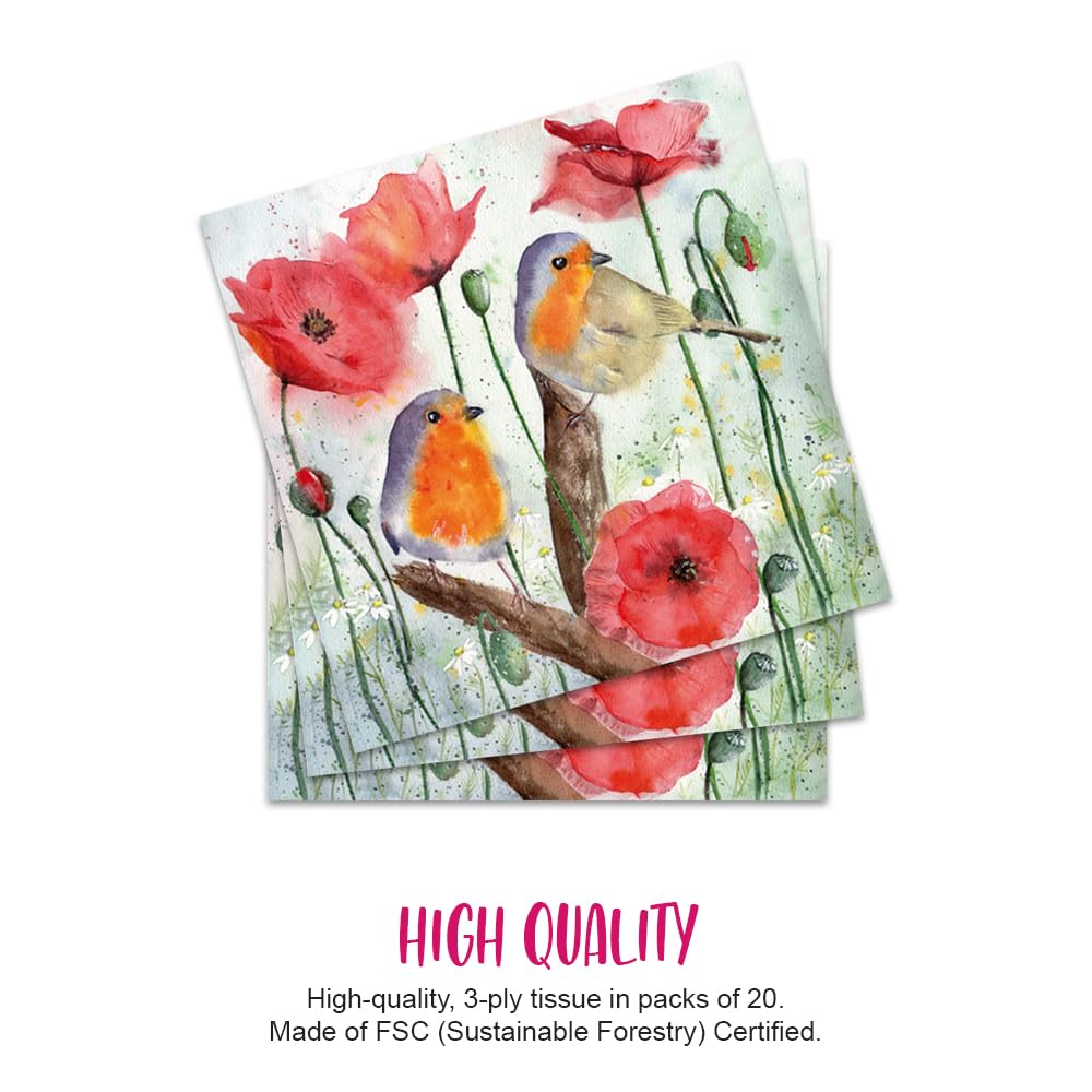 JET PAPIER GMBH Lunch Napkins - 3-Ply, Robin Birds Poppy Flowers Design | 33 x 33 cm | 20 Count