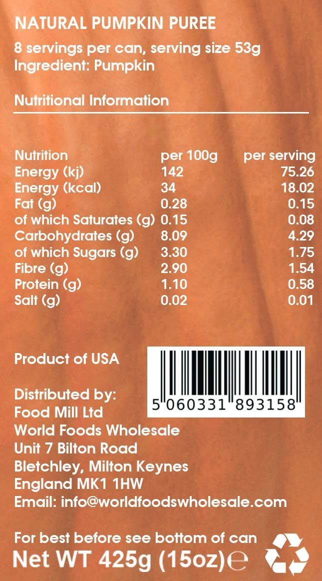 Bakeroo Tinned Pumpkin Puree (Pumpkin Pie Filling), 100% Natural - Pack of 3, 425g Each