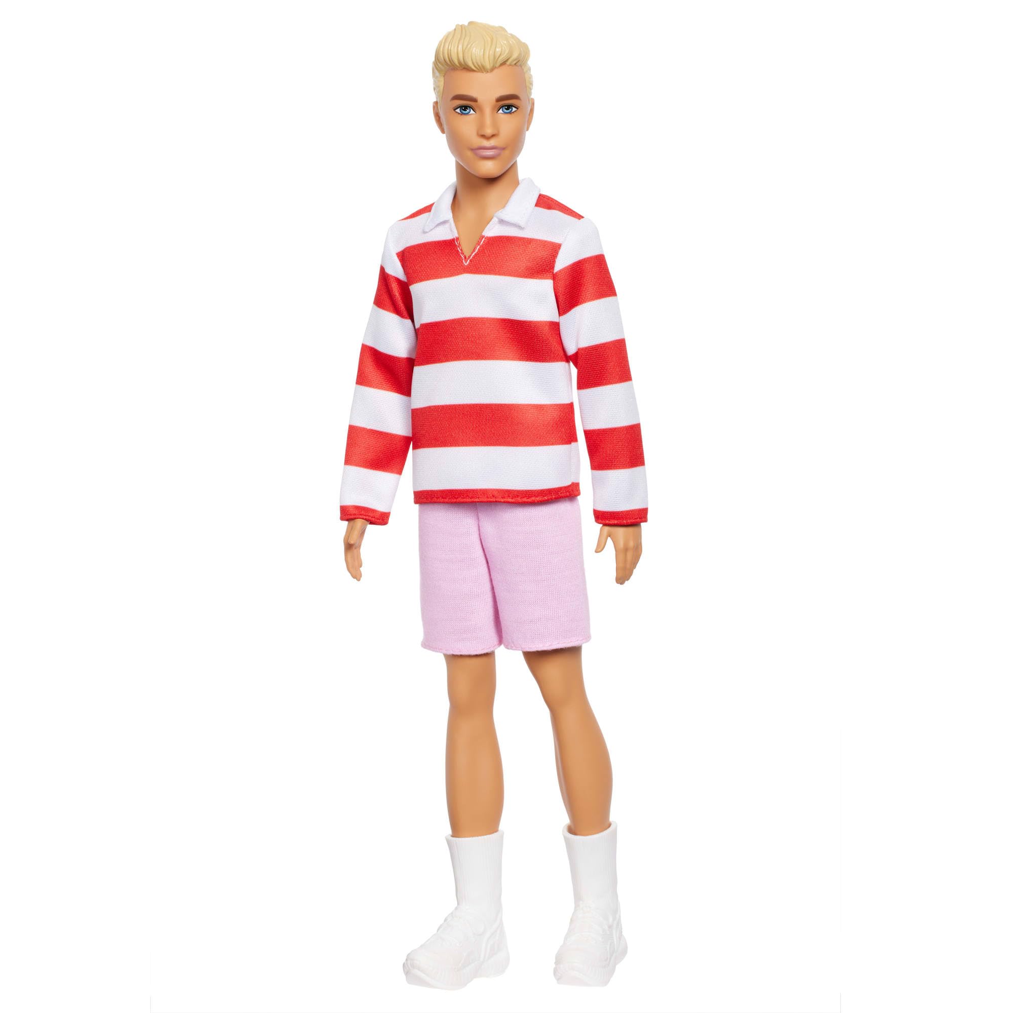 Barbie Fashionistas Ken Doll #241 with Blonde Hair - Red & White Striped Polo, Pink Shorts, White Sneakers