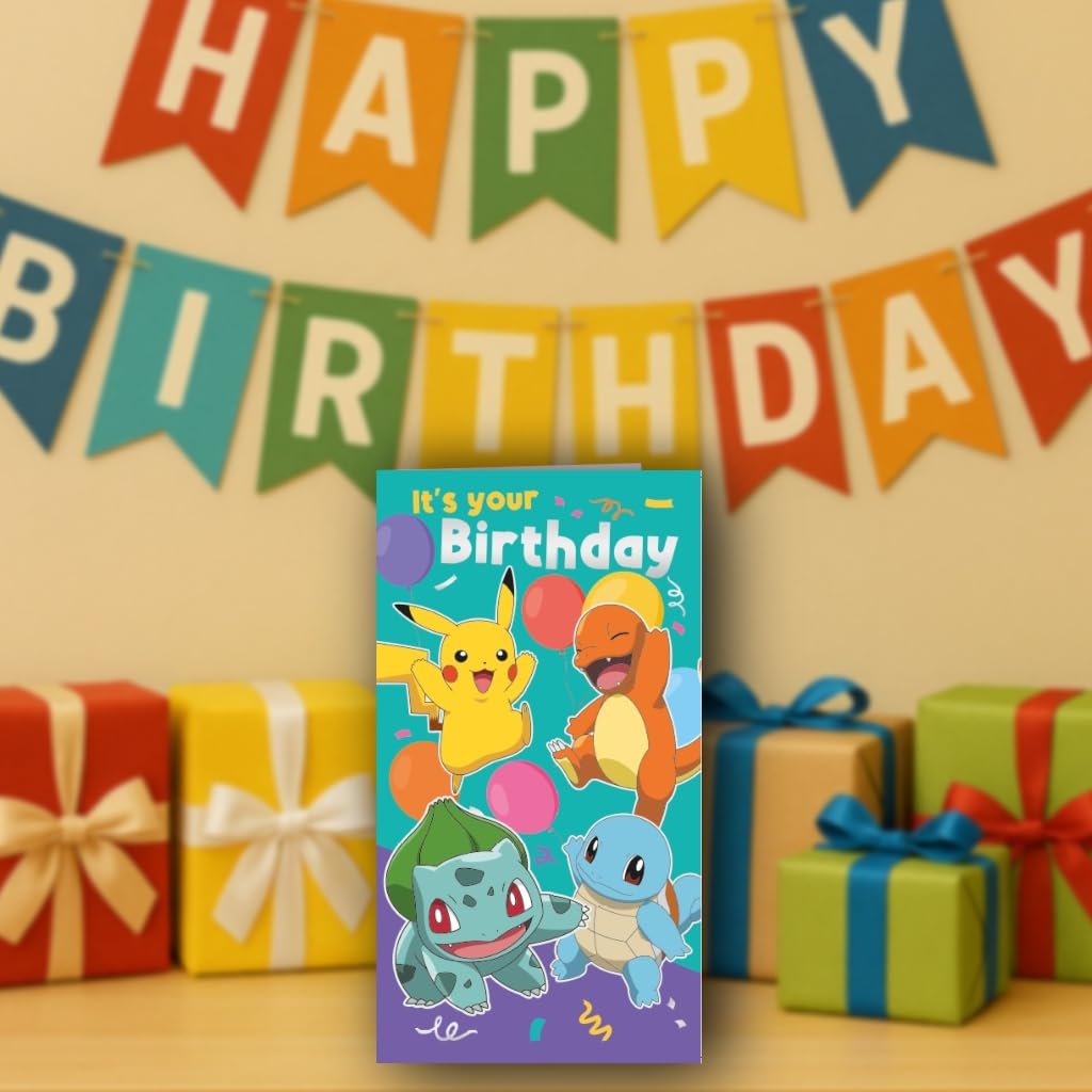 Danilo Promotions LTD Pokémon Birthday Greeting Card | Features Pikachu, Charmander, Bulbasaur, Squirtle | Standard Size 3