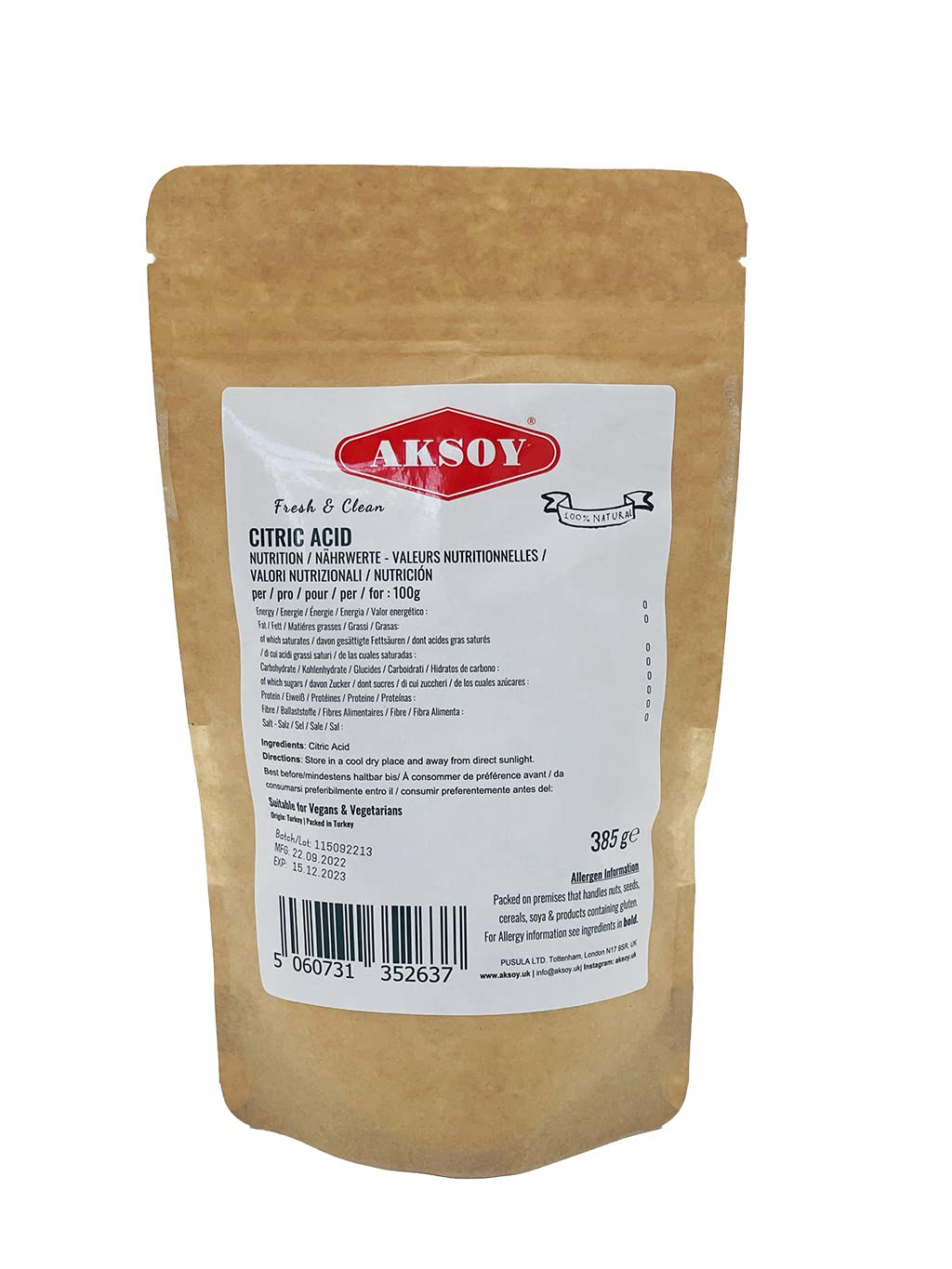 AKSOY Food Grade Citric Acid Descaler - Non-GMO, Anhydrous Granule, Lemon Scent | 385g
