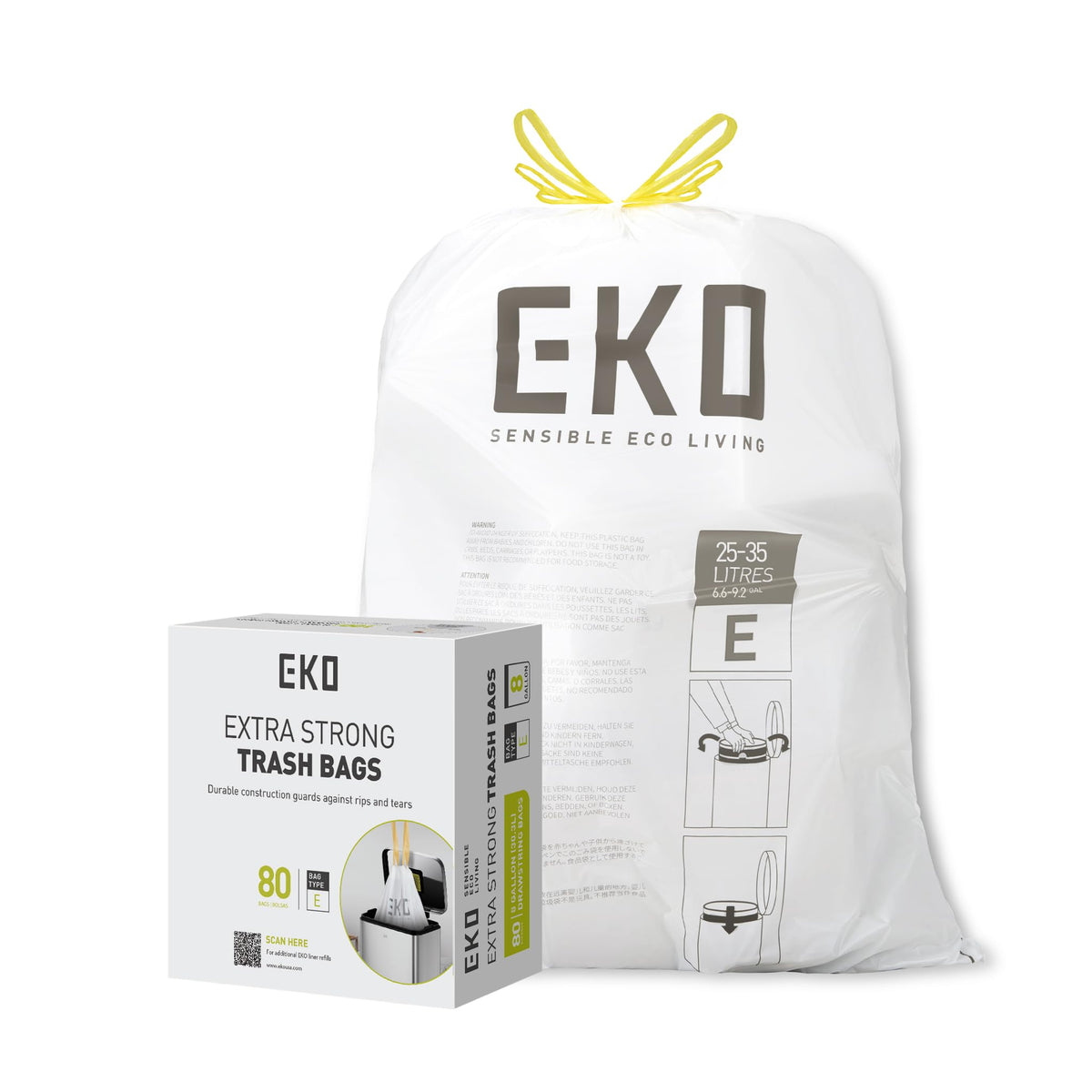 EKO Extra Strong Heavy Duty Bin Liners - 80 White Drawstring Bags, 35 Litre