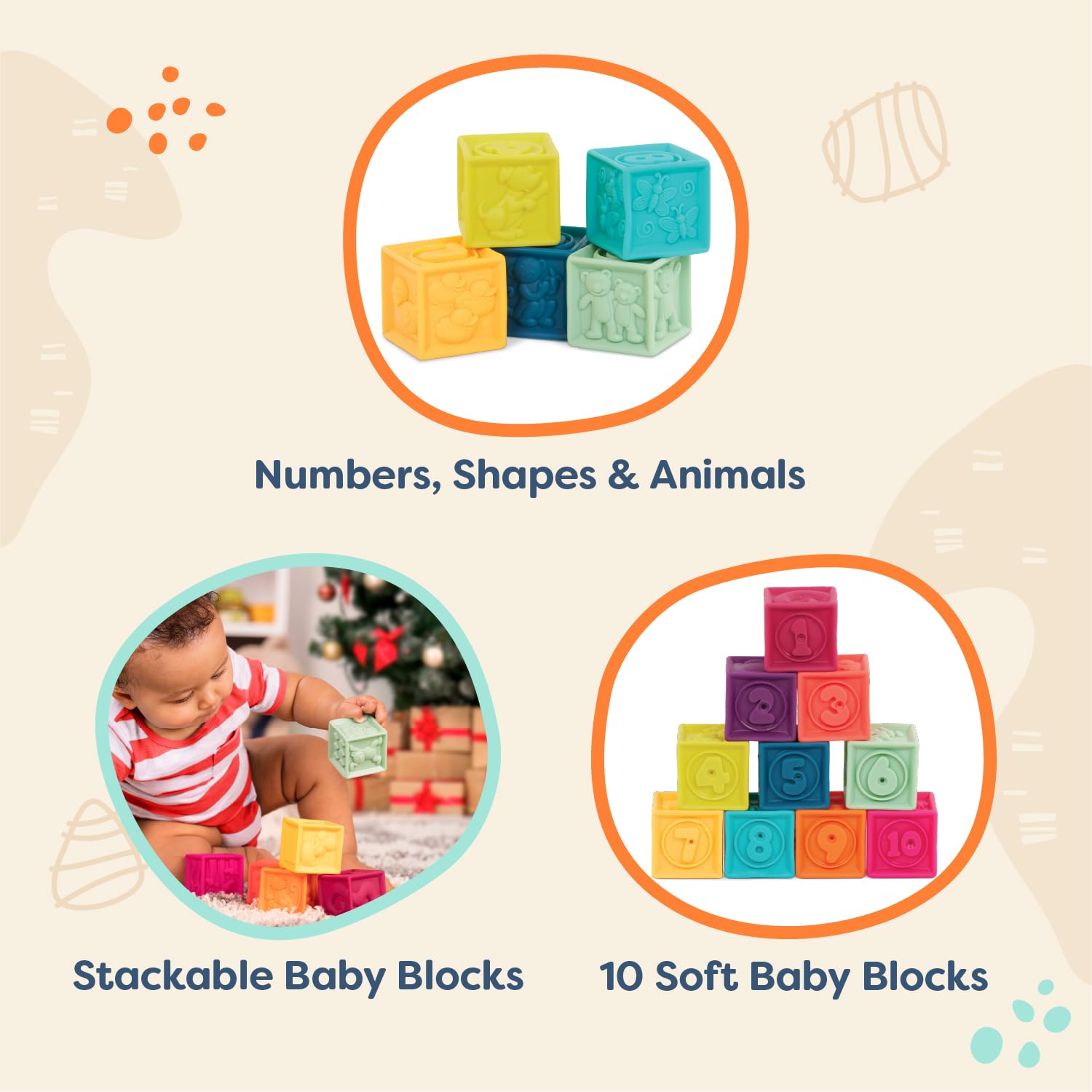 B. toys One Two Squeeze™ 10 Soft Squeezable Baby Blocks - Stacking & Learning Toy for 6+ Months 12