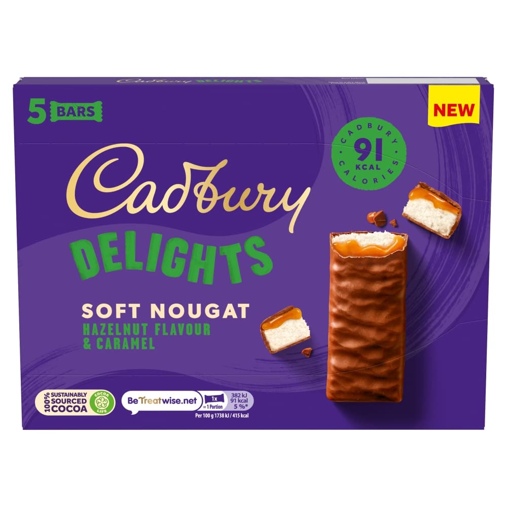 Cadbury - Delights Soft Nougat Hazelnut Flavour & Caramel Bars, Pack of 5