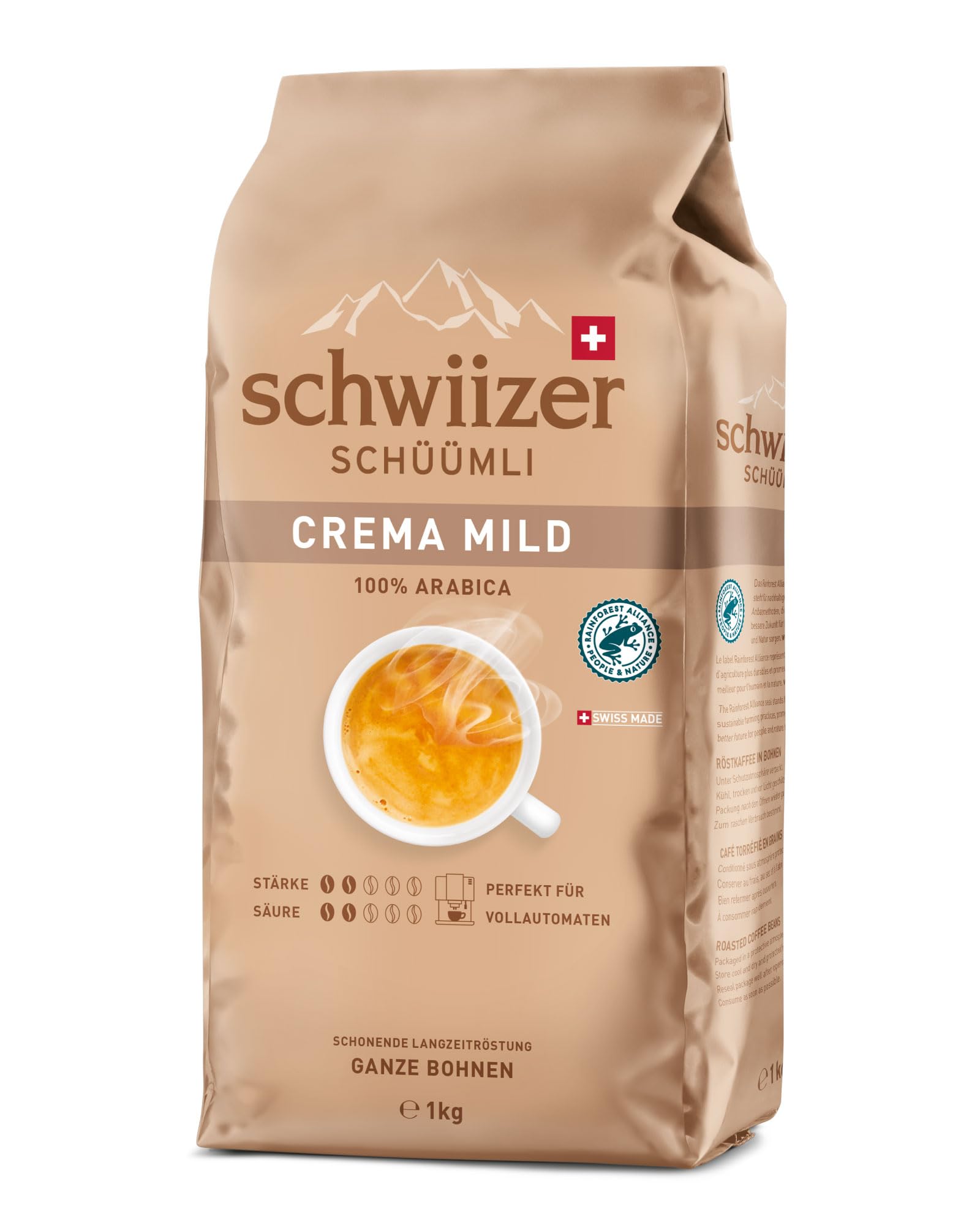Schwiizer Schüümli Crema Mild - 100% Arabica Coffee Beans, Light Roast, Rainforest Alliance-Certified, 1kg
