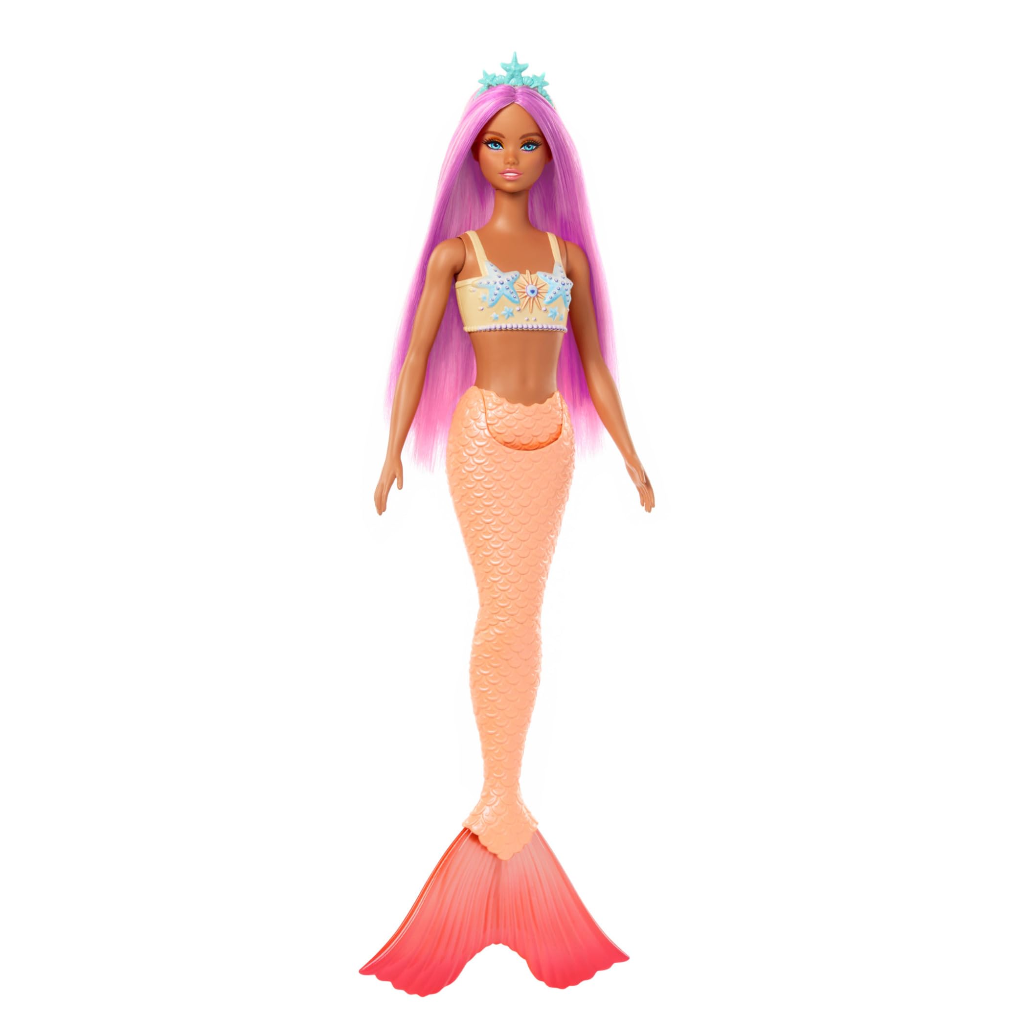 Barbie Mermaid Doll with Pink Fantasy Hair and Headband Accessory, Toy with Starfish-Inspired Bodice and Soft Orange Tail, HRR05