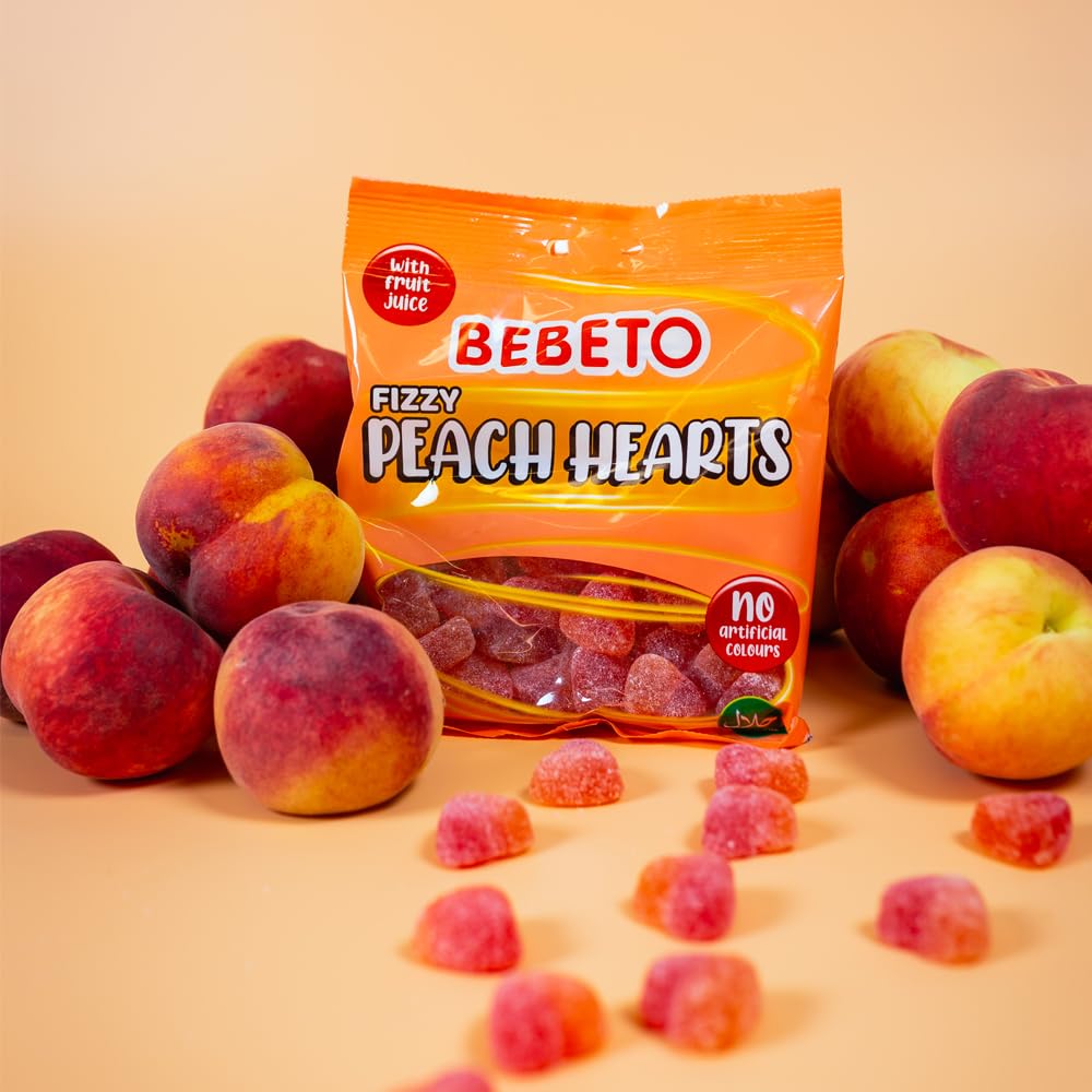 Bebeto Peach Hearts Fizzy Chewy Candy (150g) - Real Fruit Juice, No Artificial Colours