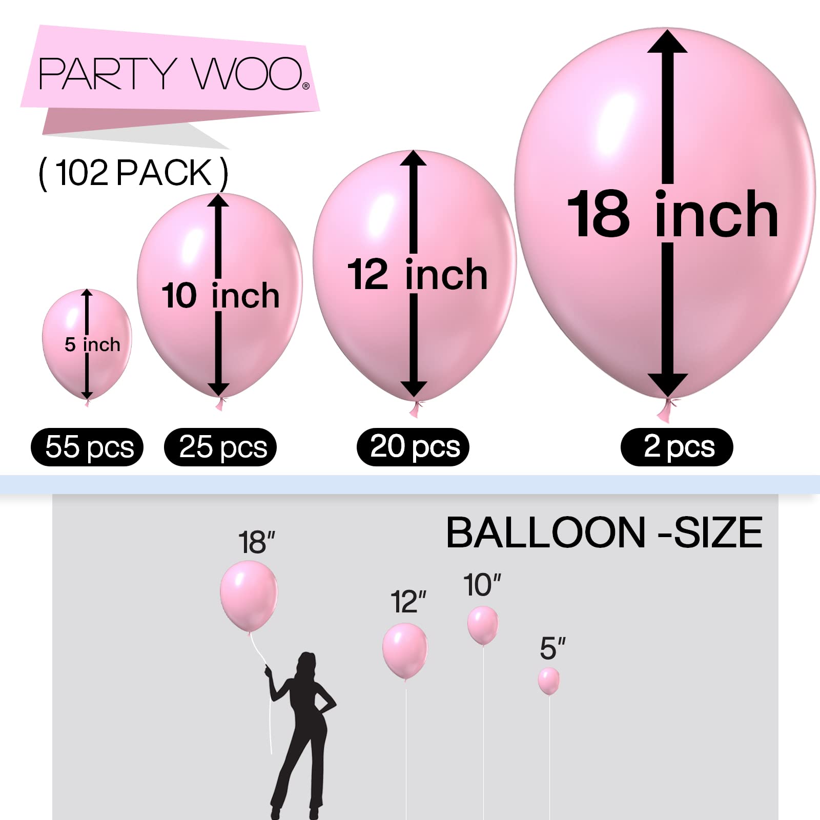 PartyWoo Light Pink Balloons 102 pcs - Different Sizes for Birthday & Party Decorations
