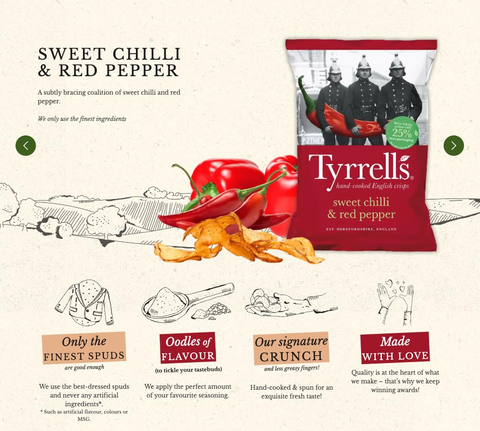 Tyrrells Sweet Chilli & Red Pepper Hand-Cooked Potato Crisps, 150g