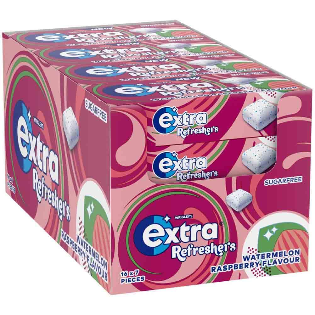 Extra - Refreshers Watermelon Raspberry Flavour Sugarfree Chewing Gum (16 Packs, 7 Pieces Each)
