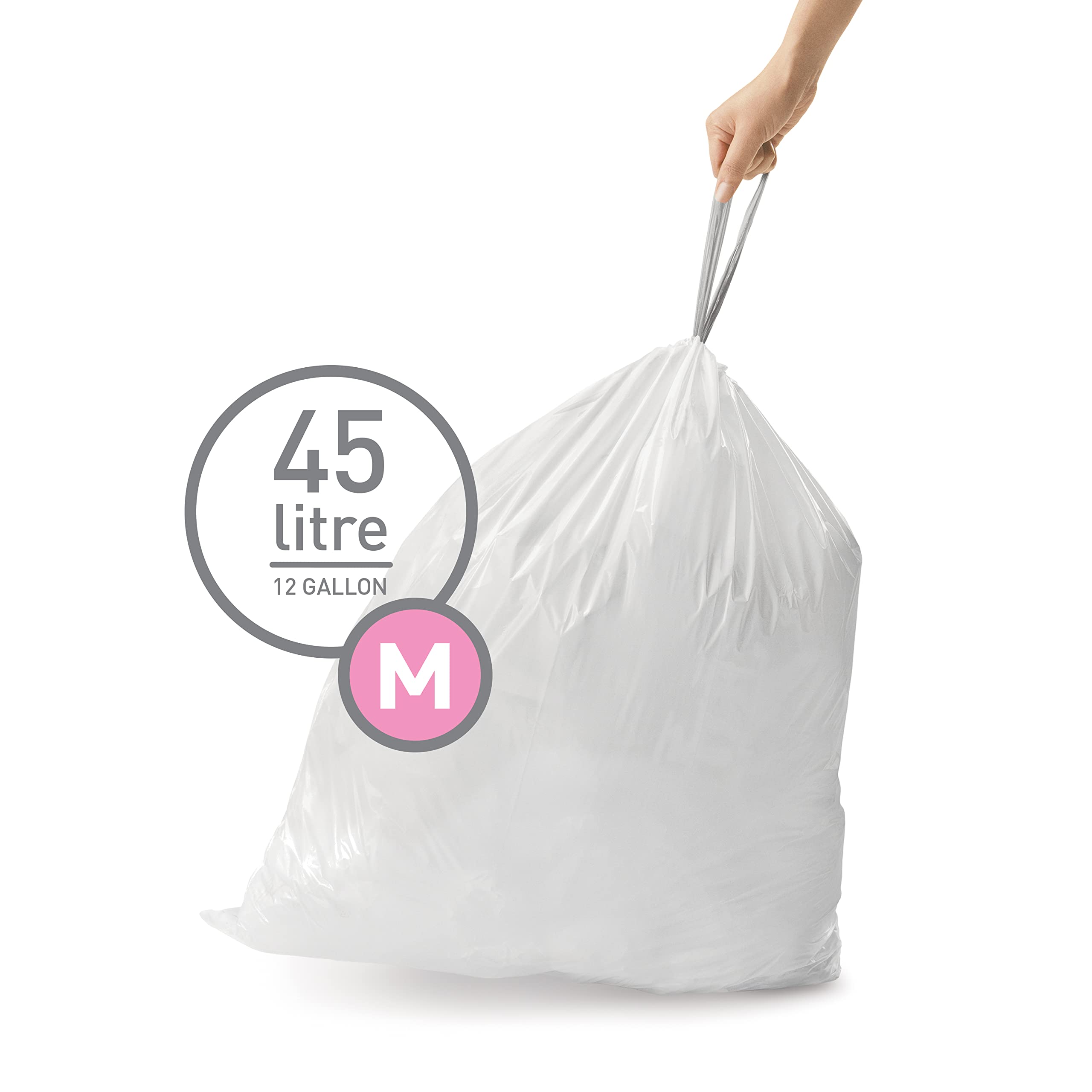 simplehuman CW0173 Code M Custom Fit Bin Liners - 45L Capacity, White Plastic, 20 Count