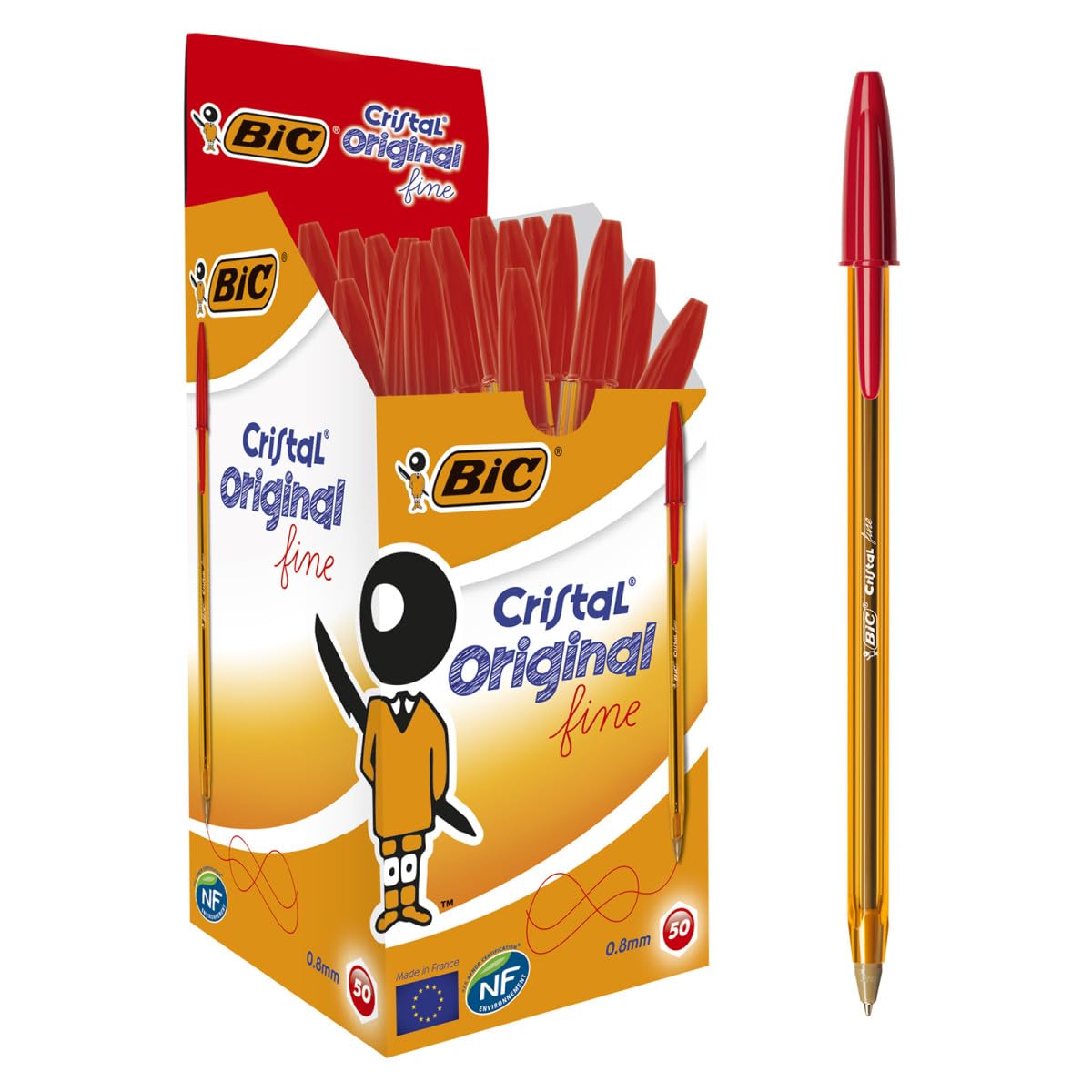 BIC Cristal Fine Ballpoint Pens - Red Fine Point (0.8 mm) | Box of 50 Long-Lasting Pens