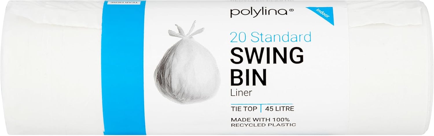 Polylina 20x Tie Top Swing Bin Liners, Recycled Plastic, White, 45 Litre