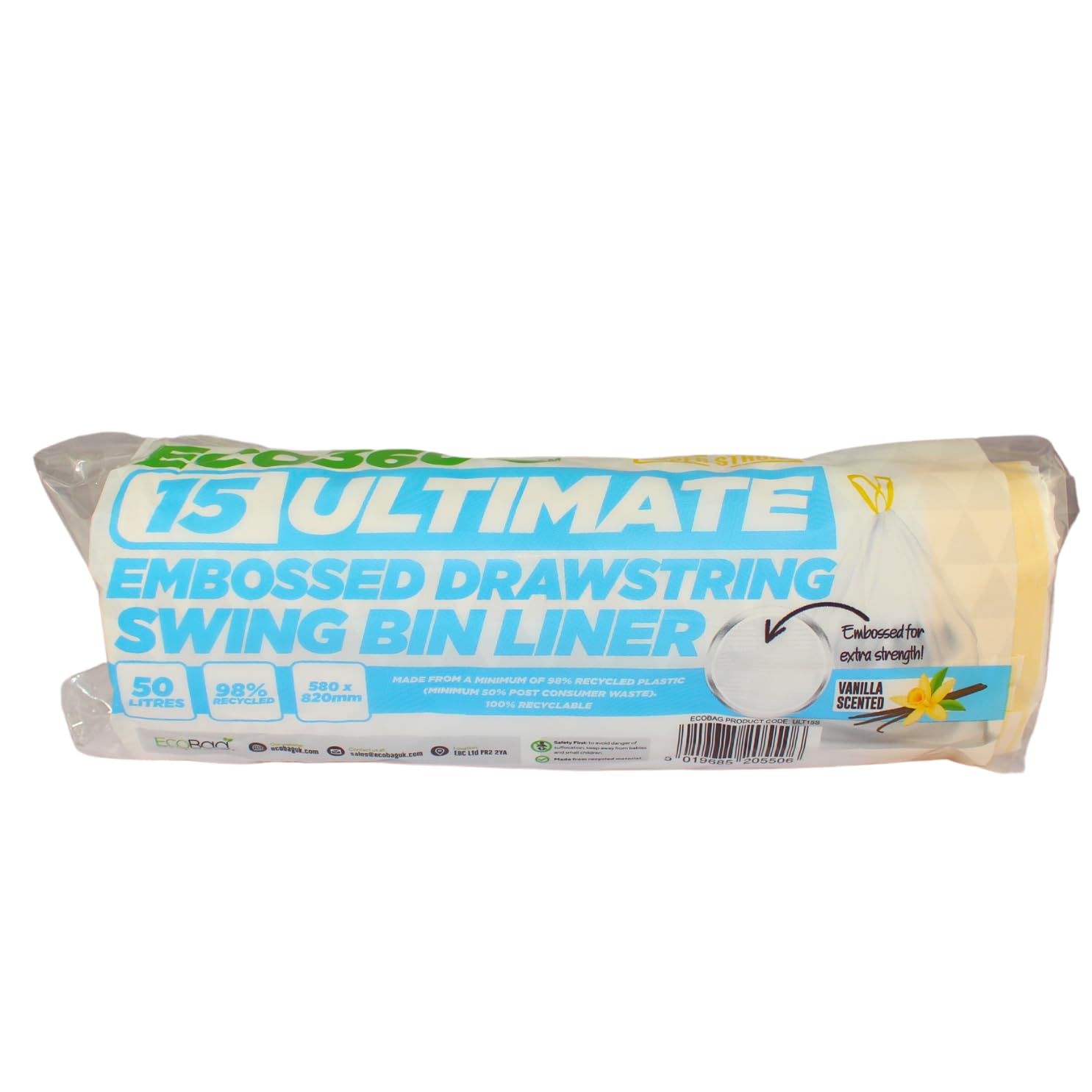 EcoBag Ultimate Embossed Vanilla Scented Drawstring Kitchen Bin Liners 50L - 15 Pack