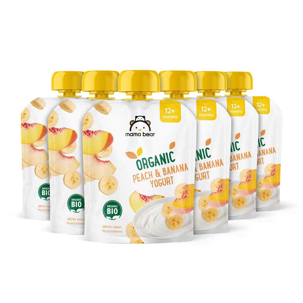 Mama Bear Organic Peach & Banana Yogurt Purée Pouches - 90g (Pack of 6), Suitable for 12 Months+