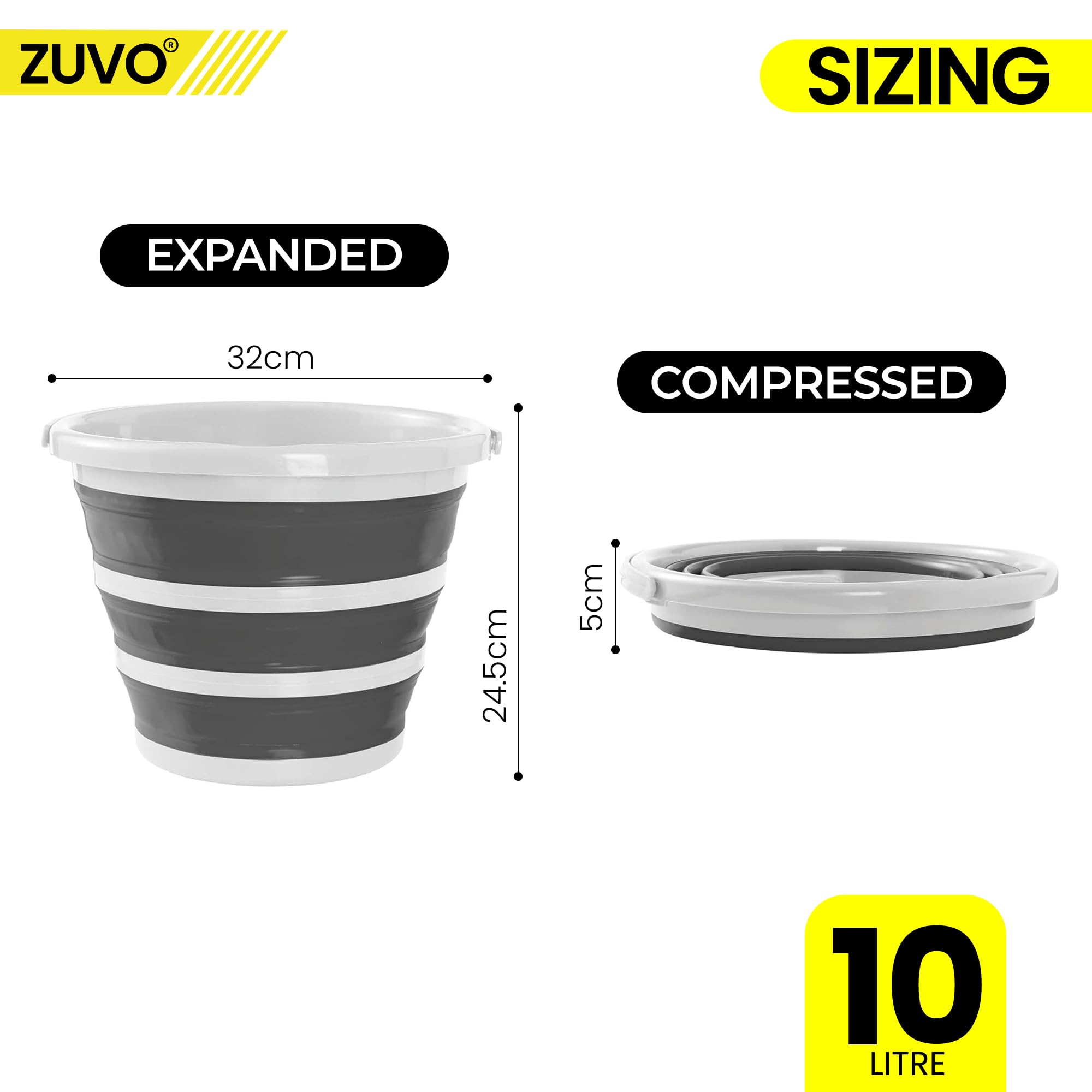 Zuvo Collapsible Bucket - 10L Capacity | Silicone Folding Design | White/Grey
