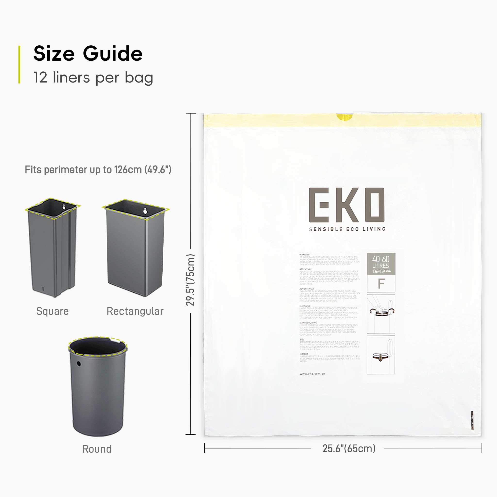 EKO Extra Strong Drawstring Bin Liners for 40-60L Kitchen Bins - 12 Pack White Trash Bags