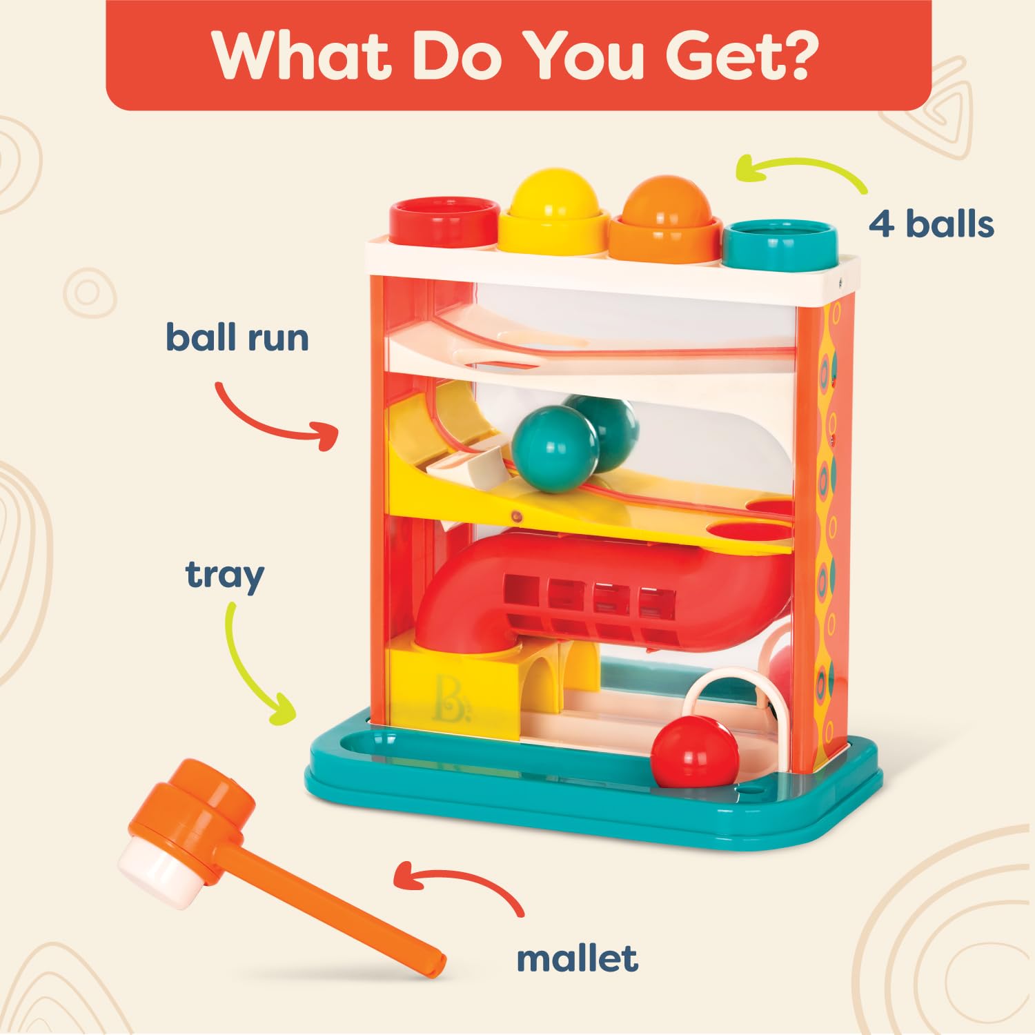 B. toys Whacky Ball - Pounding Toy with 4 Colorful Balls & Hammer for Toddlers