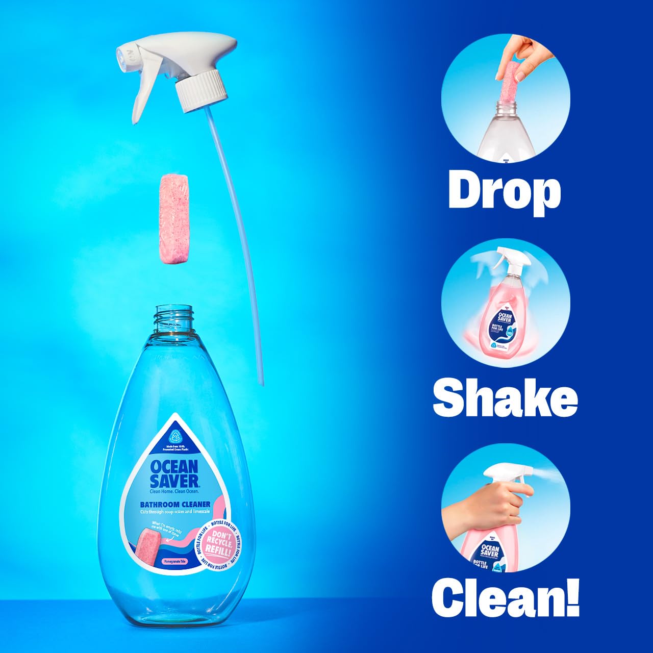 OceanSaver Eco Bathroom Cleaner Refills - Pomegranate Scent, 6x 10ml Tablets | Plant-Based, Non-Toxic 3