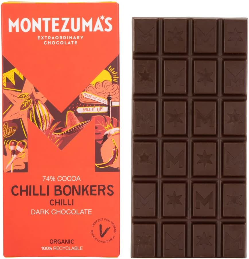 Montezuma's Chilli Bonkers 74% Cocoa Dark Chocolate Bar with Organic Chilli - Vegan, Gluten-Free, 90g