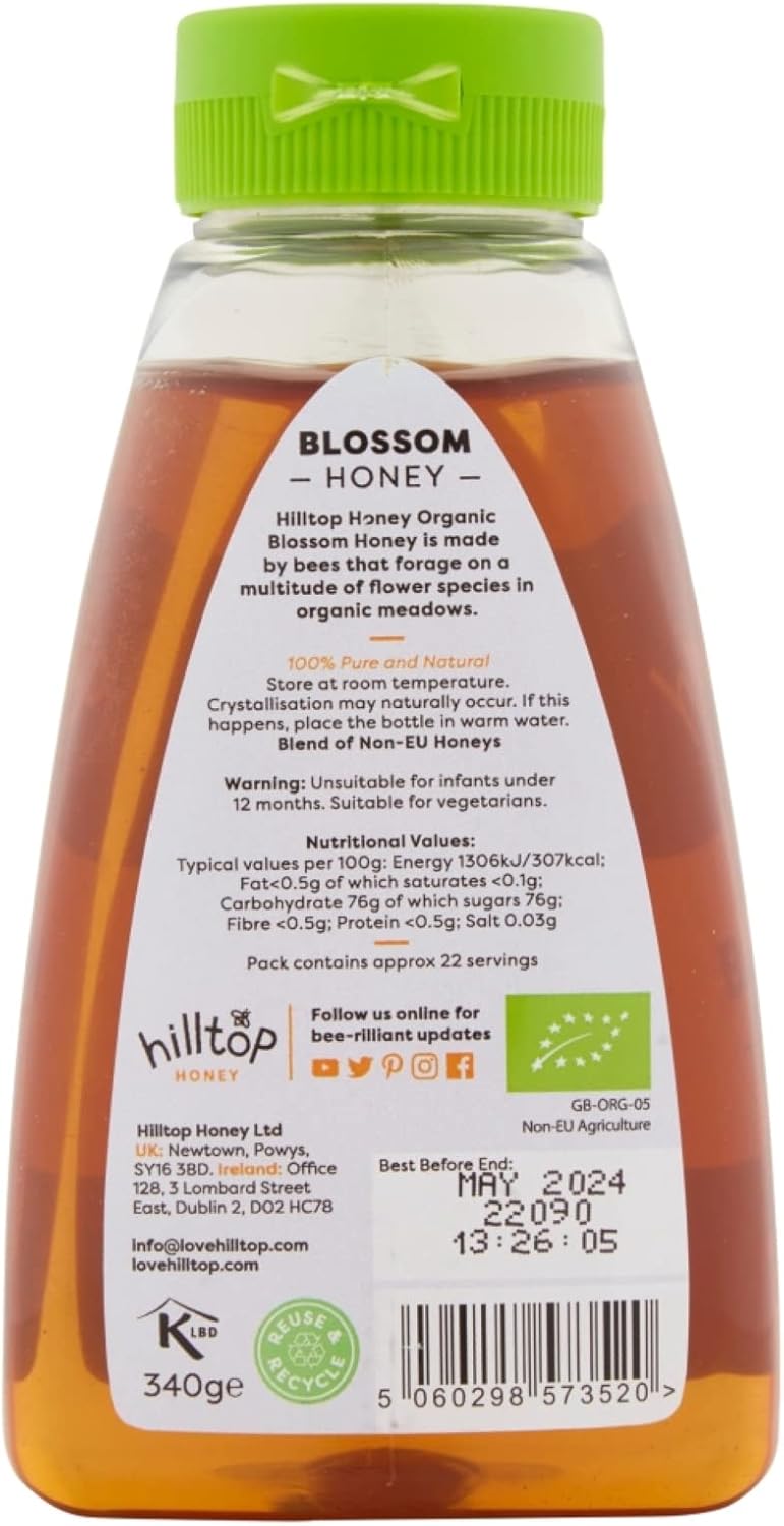 Hilltop Honey - Organic Blossom Honey - Squeezy Bottle - 340g