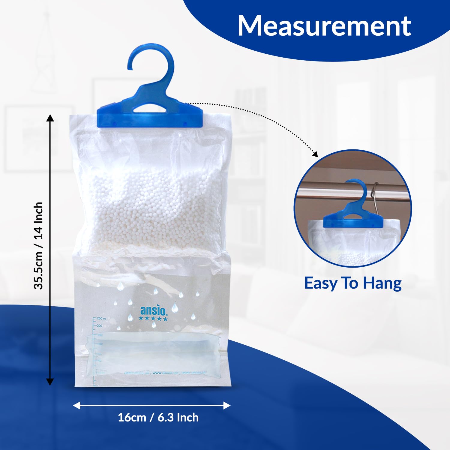 ANSIO Wardrobe Dehumidifier Hanging Bag - Moisture Absorber for Home, Closet, Caravan, Boat
