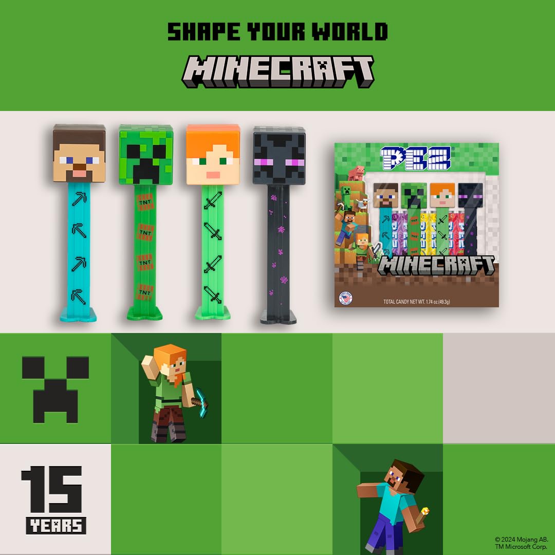 PEZ Minecraft Charakter-Süßigkeitenspender - Steve, Alex, Creeper &amp; Enderdrache Süßigkeitenspender-Paket 3