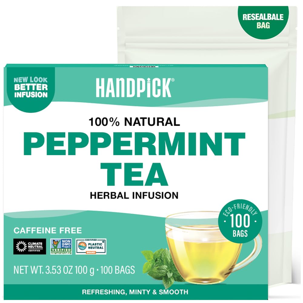 HANDPICK Peppermint Tea Bags (100 Count) Non-GMO, 100% Pure Herbal Tea - Minty & Refreshing