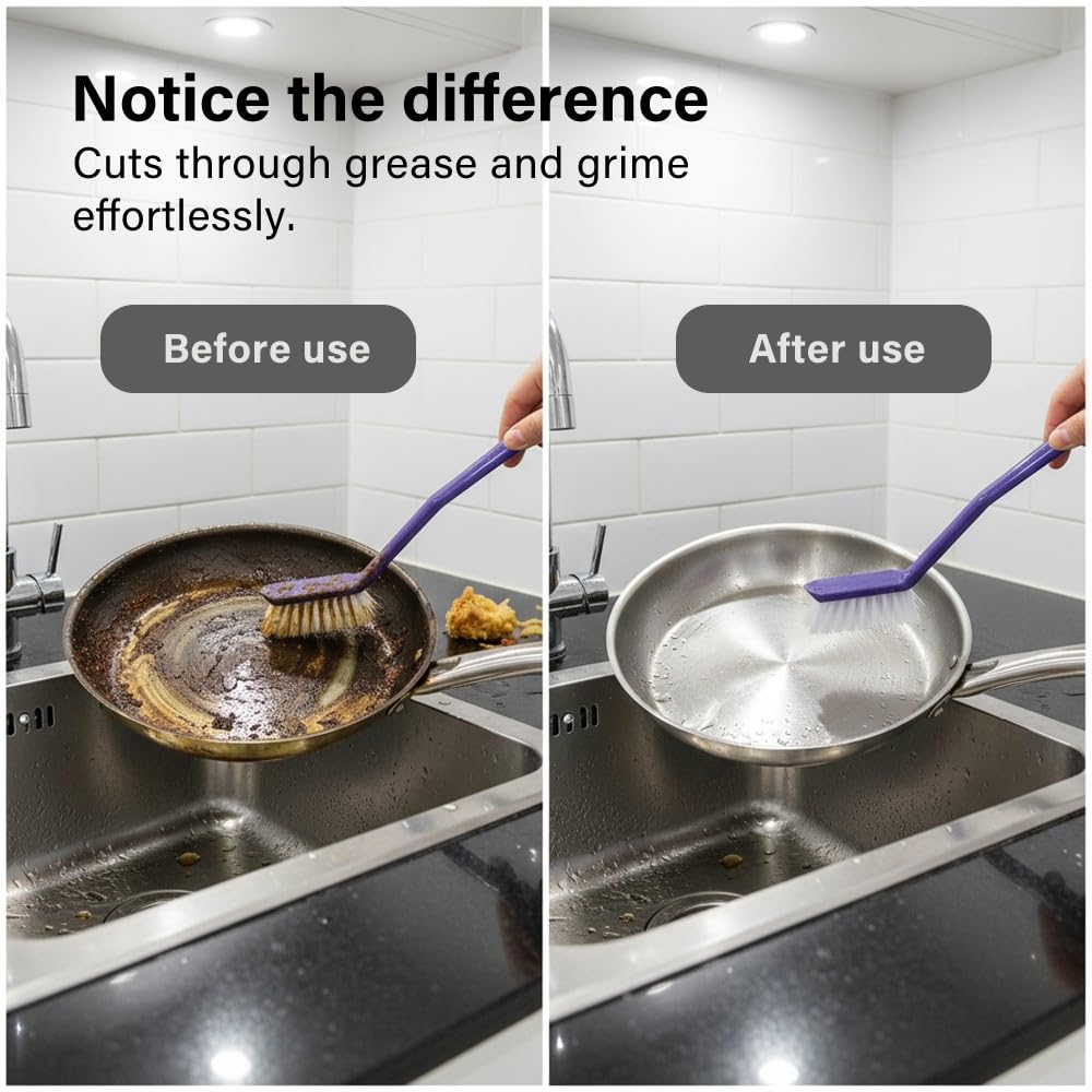 Vivo Technologies - Washing Up Brushes Pack of 3 | Non-Slip Grip with Built-In Scraper for Kitchen Cleaning 5