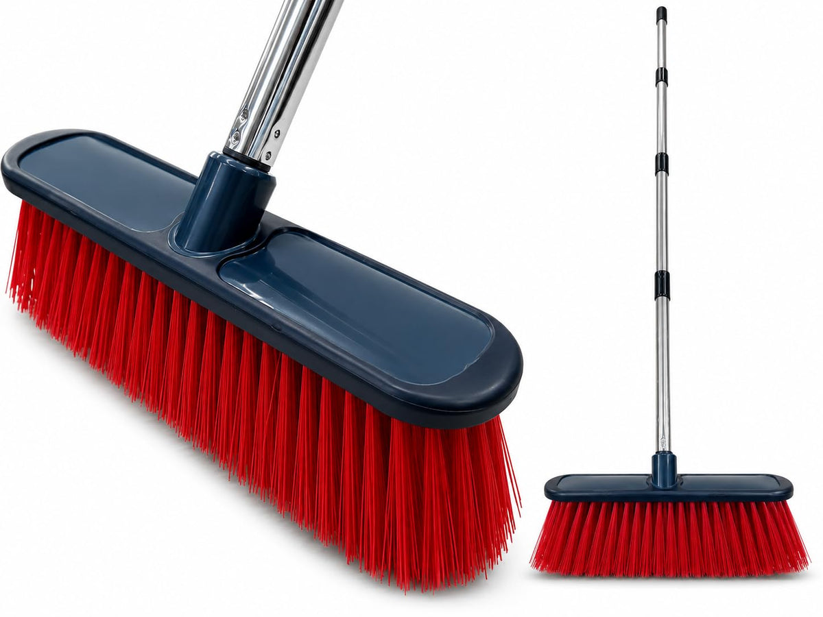 Fit For The Job Heavy-Duty Outdoor Broom - Synthetic Fibre, 4-Part Aluminium Handle, Red/Black