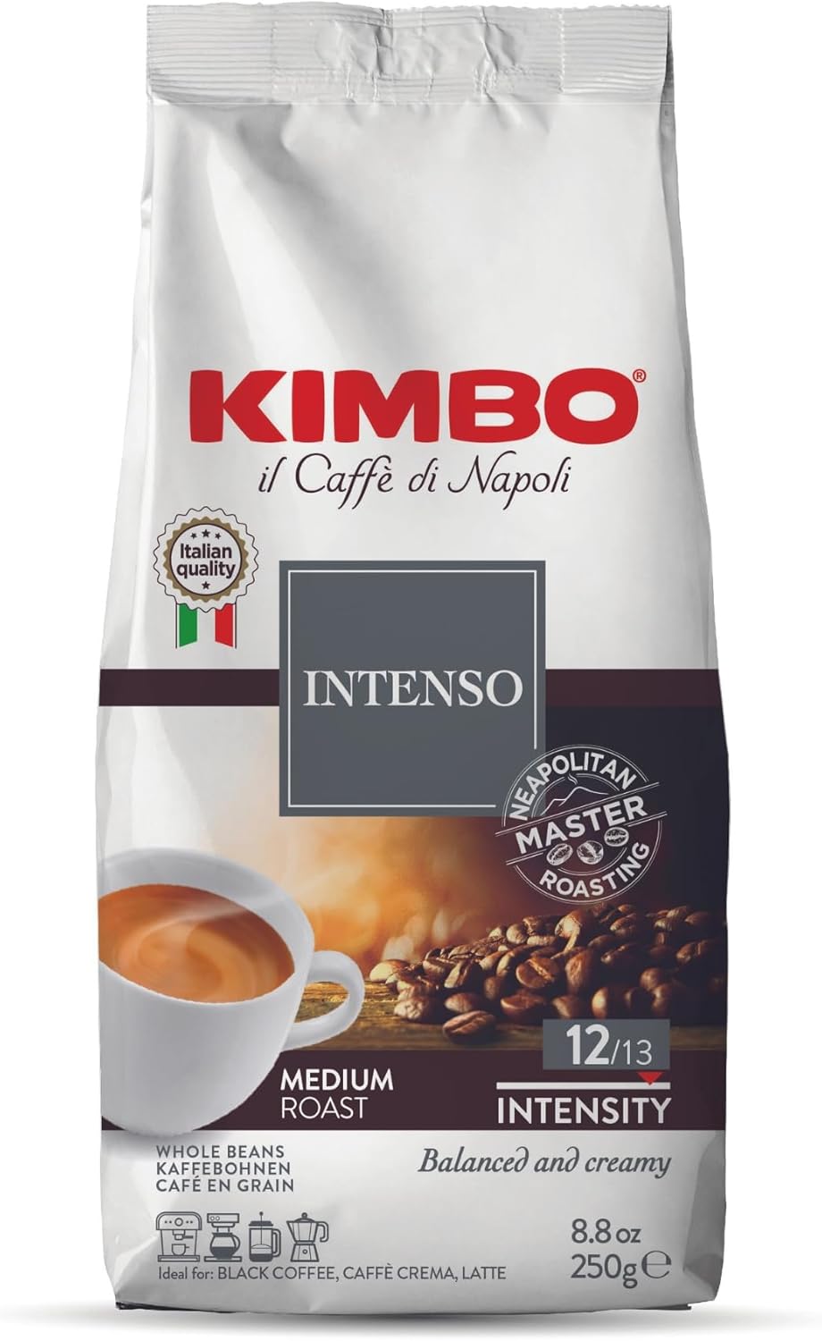 Kimbo Espresso Intenso Whole Coffee Beans, Medium Roast, 250g
