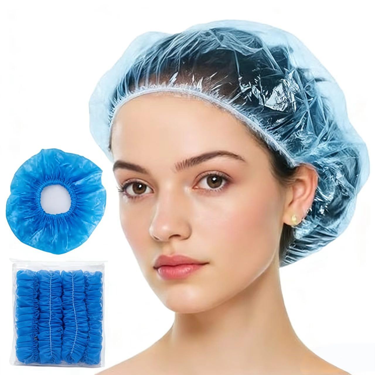 Muexoee 100 Pcs Disposable Shower Caps - 42cm Large Waterproof | Elastic Fit | Blue 1