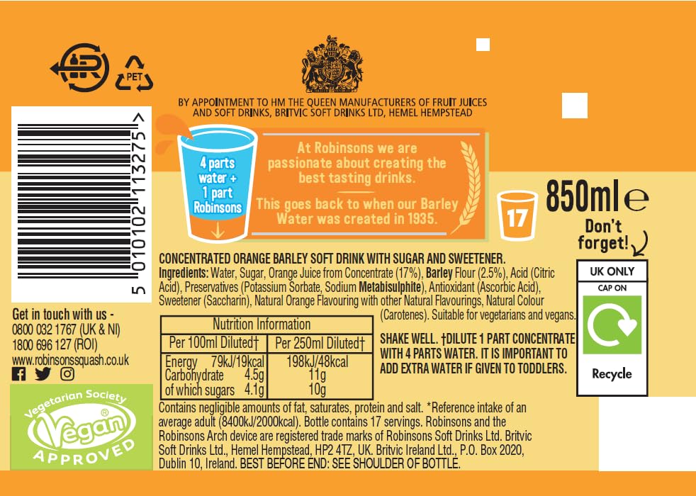 Robinsons Barley Water - Real Fruit Squash, Low Calorie, Orange - 850 ml 5